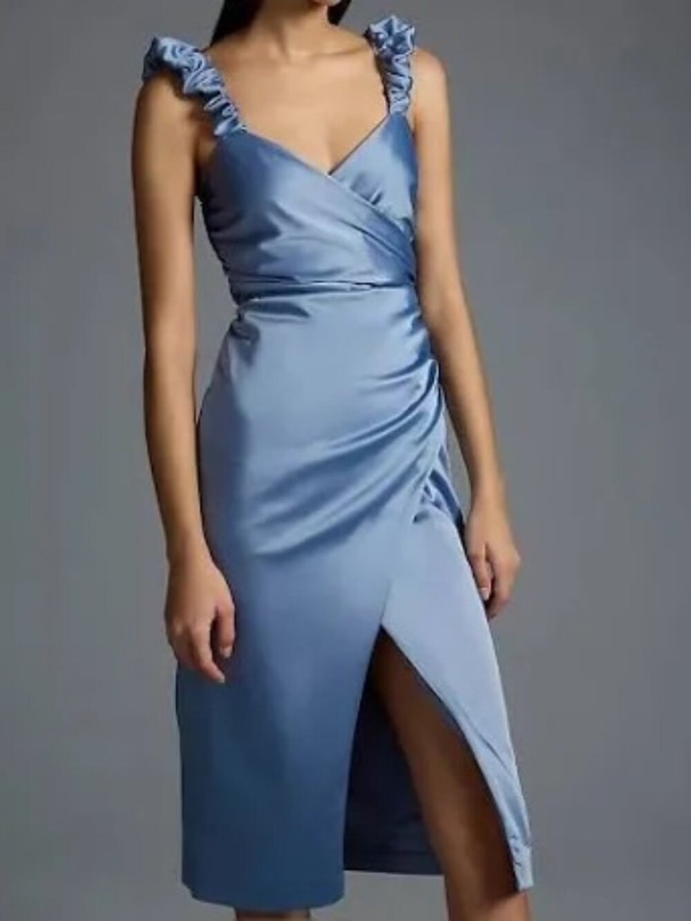 Anthropologie Dusty Blue Satin Midi Dress